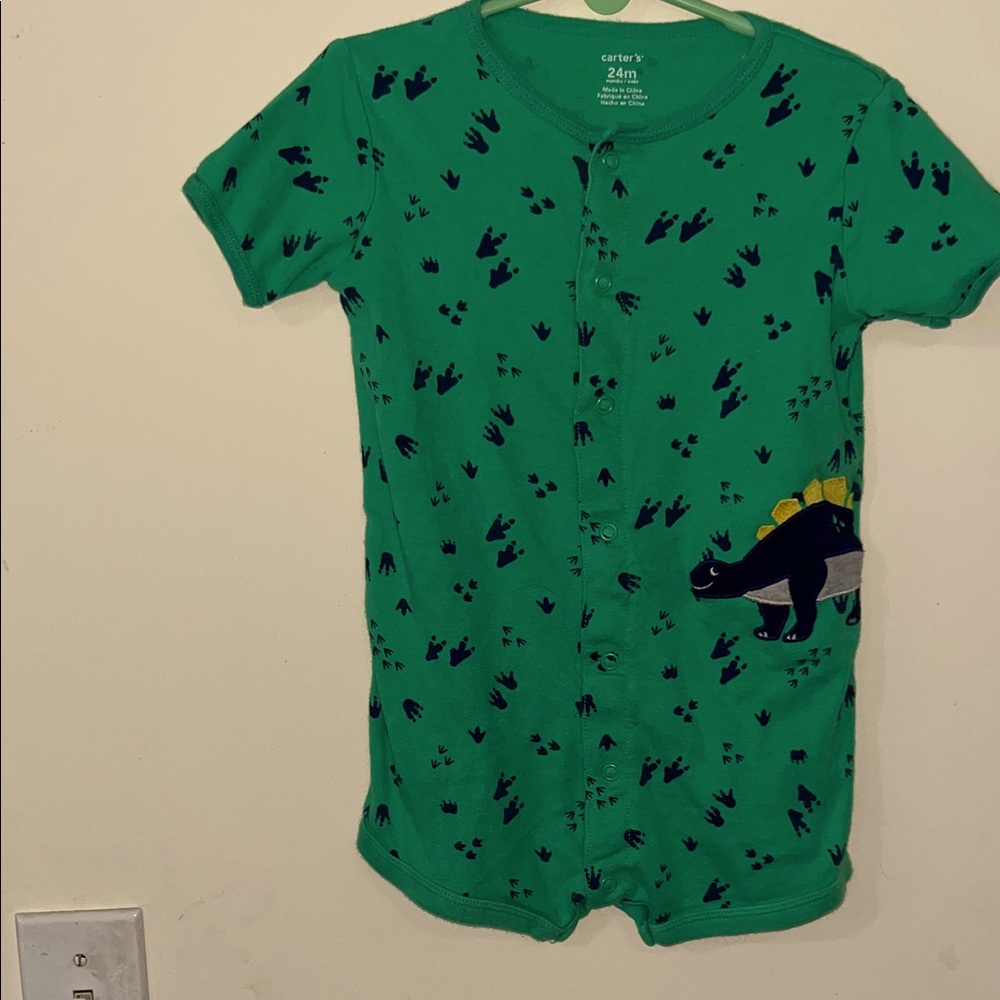 Carter's Green Dinosaur Blue print short sleeve one piece snap up Romper